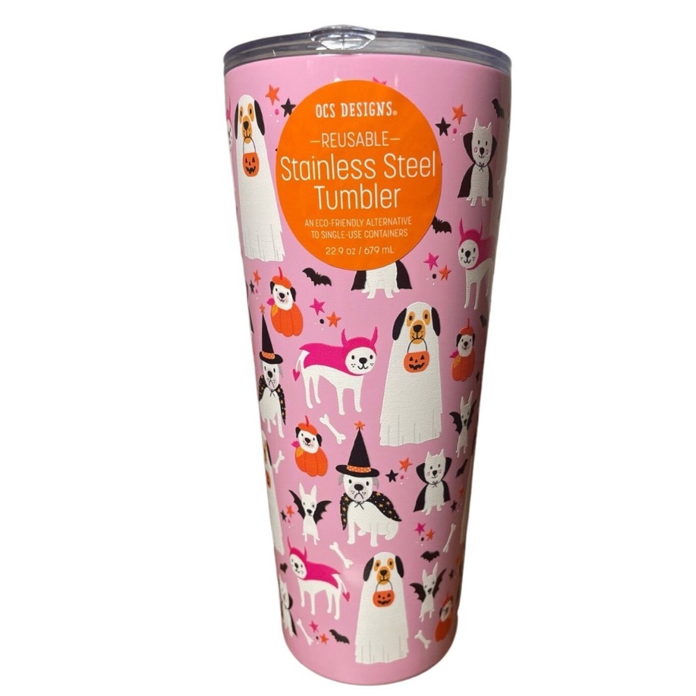 Pink Tumbler with Dogs in Halloween Costumes